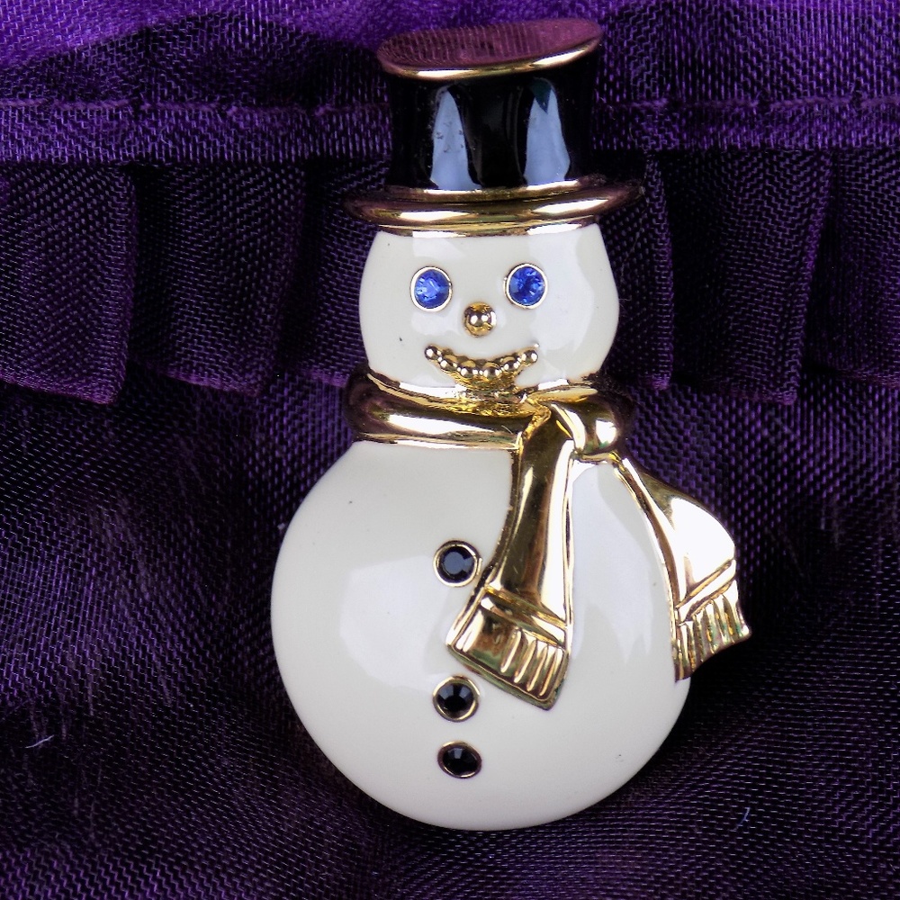 VTG MONET GOLD TONE CREAM ENAMEL SNOWMAN